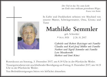 Traueranzeige von Mathilde Semmler von Der Westallgäuer