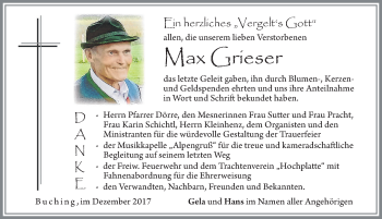 Traueranzeige von Max Grieser von Allgäuer Zeitung, Füssen