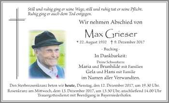 Traueranzeige von Max Grieser von Allgäuer Zeitung, Füssen