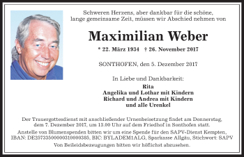 Traueranzeige von Maximilian Weber von Allgäuer Anzeigeblatt