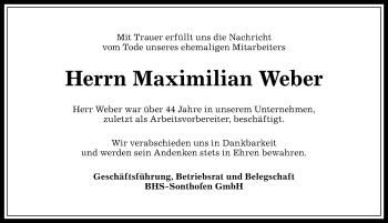 Traueranzeige von Maximilian Weber von Allgäuer Anzeigeblatt