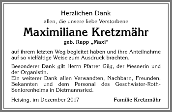Traueranzeige von Maximiliane Kretzmähr von Allgäuer Zeitung,Kempten