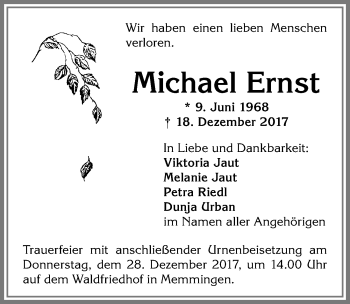 Traueranzeige von Michael Ernst von Memminger Zeitung