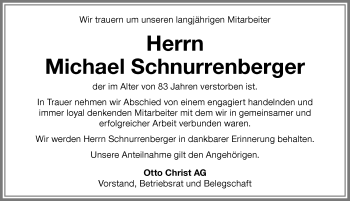 Traueranzeige von Michael Schnurrenberger von Memminger Zeitung