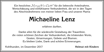 Traueranzeige von Michaeline Lenz von Allgäuer Zeitung, Marktoberdorf