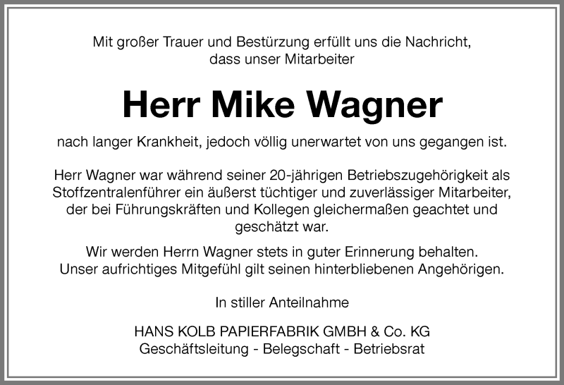  Traueranzeige für Mike Wagner vom 23.12.2017 aus Allgäuer Zeitung, Kaufbeuren/Buchloe