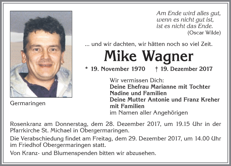  Traueranzeige für Mike Wagner vom 23.12.2017 aus Allgäuer Zeitung, Kaufbeuren/Buchloe