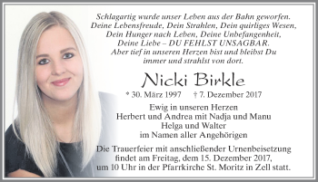 Traueranzeige von Nicki Birkle von Allgäuer Zeitung, Füssen