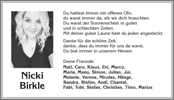 Traueranzeige von Nicki Birkle von Allgäuer Zeitung, Füssen