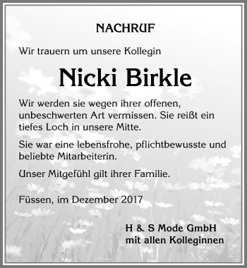 Traueranzeige von Nicki Birkle von Allgäuer Zeitung, Füssen