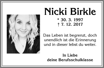 Traueranzeige von Nicki Birkle von Allgäuer Zeitung, Füssen