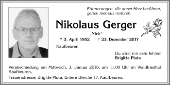 Traueranzeige von Nikolaus Gerger von Allgäuer Zeitung, Kaufbeuren/Buchloe