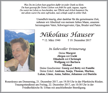 Traueranzeige von Nikolaus Hauser von Allgäuer Zeitung, Füssen