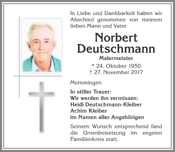 Traueranzeige von Norbert Deutschmann von Memminger Zeitung