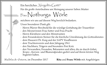 Traueranzeige von Notburga Wörle von Allgäuer Zeitung, Füssen