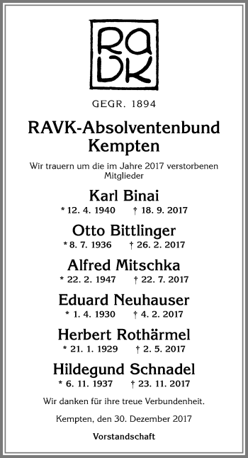 Traueranzeige von Otto Bittlinger von Allgäuer Zeitung,Kempten