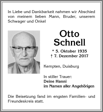 Traueranzeige von Otto Schnell von Allgäuer Zeitung,Kempten