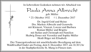 Traueranzeige von Paula Anna Albrecht von Allgäuer Zeitung, Füssen