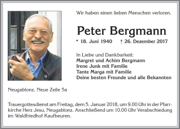 Traueranzeige von Peter Bergmann von Allgäuer Zeitung, Kaufbeuren/Buchloe