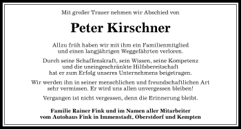 Traueranzeige von Peter Kirschner von Allgäuer Anzeigeblatt