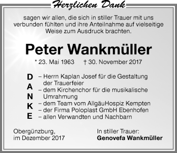 Traueranzeige von Peter Wankmüller von Allgäuer Zeitung, Marktoberdorf