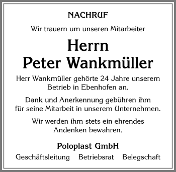 Traueranzeige von Peter Wankmüller von Allgäuer Zeitung, Marktoberdorf