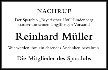 Traueranzeige von Reinhard Müller von Der Westallgäuer
