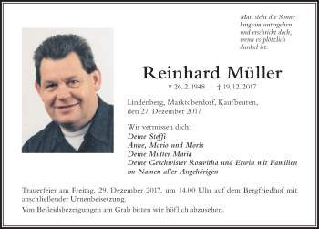 Traueranzeige von Reinhard Müller von Der Westallgäuer