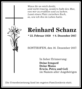 Traueranzeige von Reinhard Schanz von Allgäuer Anzeigeblatt