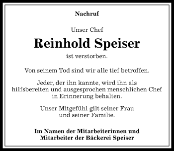 Traueranzeige von Reinhold Speiser von Allgäuer Zeitung,Kempten