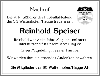 Traueranzeige von Reinhold Speiser von Allgäuer Zeitung,Kempten