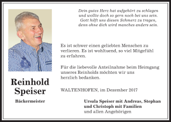 Traueranzeige von Reinhold Speiser von Allgäuer Zeitung