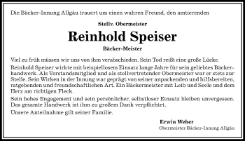 Traueranzeige von Reinhold Speiser von Allgäuer Zeitung