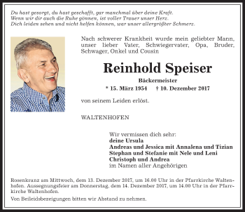Traueranzeige von Reinhold Speiser von Allgäuer Zeitung