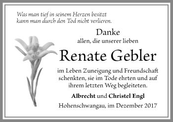 Traueranzeige von Renate Gebler von Allgäuer Zeitung, Füssen