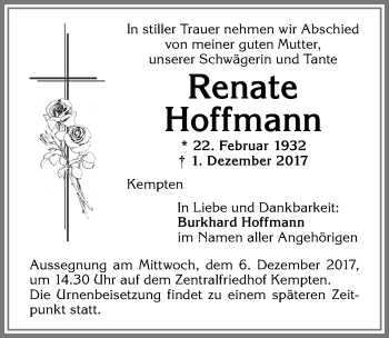 Traueranzeige von Renate Hoffmann von Allgäuer Zeitung,Kempten