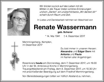 Traueranzeige von Renate Wassermann von Memminger Zeitung