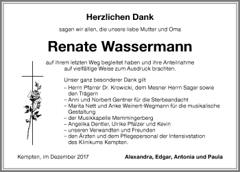 Traueranzeige von Renate Wassermann von Memminger Zeitung
