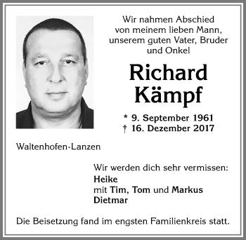 Traueranzeige von Richard Kämpf von Allgäuer Zeitung,Kempten