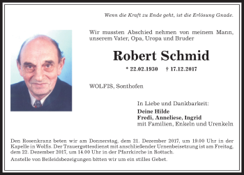 Traueranzeige von Robert Schmid von Allgäuer Zeitung,Kempten