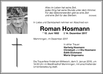 Traueranzeige von Roman Hosmann von Memminger Zeitung