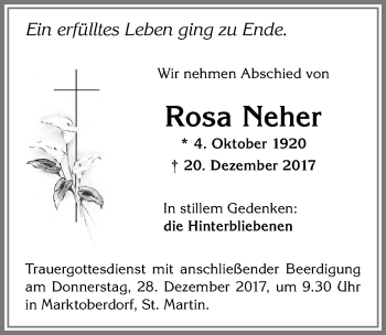 Traueranzeige von Rosa Neher von Allgäuer Zeitung, Marktoberdorf