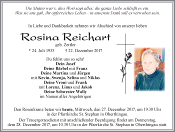 Traueranzeige von Rosina Reichart von Allgäuer Zeitung, Marktoberdorf