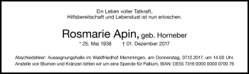 Traueranzeige von Rosmarie Apin von Allgäuer Zeitung