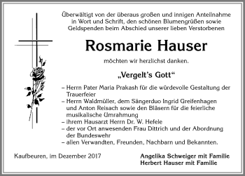 Traueranzeige von Rosmarie Hauser von Allgäuer Zeitung, Kaufbeuren/Buchloe