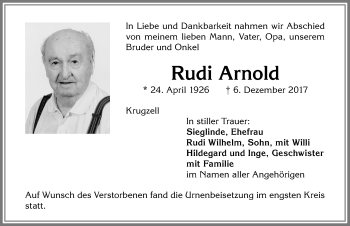 Traueranzeige von Rudi Arnold von Allgäuer Zeitung,Kempten