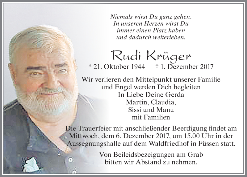  Traueranzeige für Rudi Krüger vom 02.12.2017 aus Allgäuer Zeitung, Füssen