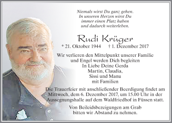Traueranzeige von Rudi Krüger von Allgäuer Zeitung, Füssen