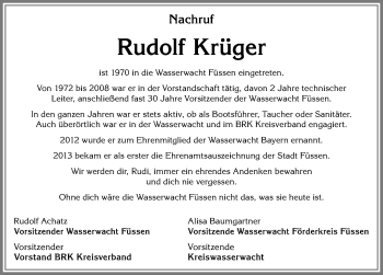 Traueranzeige von Rudolf Krüger von Allgäuer Zeitung, Füssen