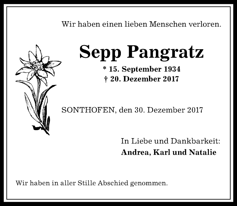  Traueranzeige für Sepp Pangratz vom 30.12.2017 aus Allgäuer Anzeigeblatt
